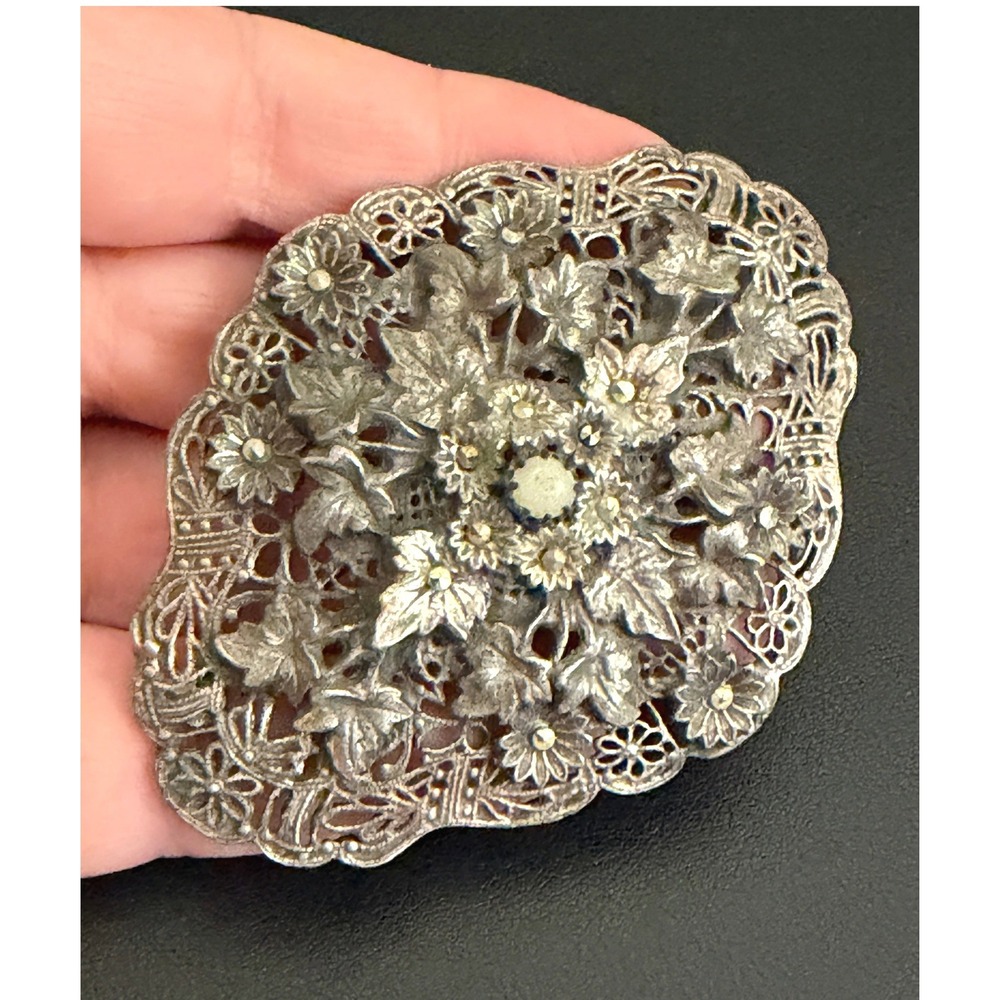 Vintage Filigree Brooch Victorian Revival Estate Silver Tone FOR REPAIR
